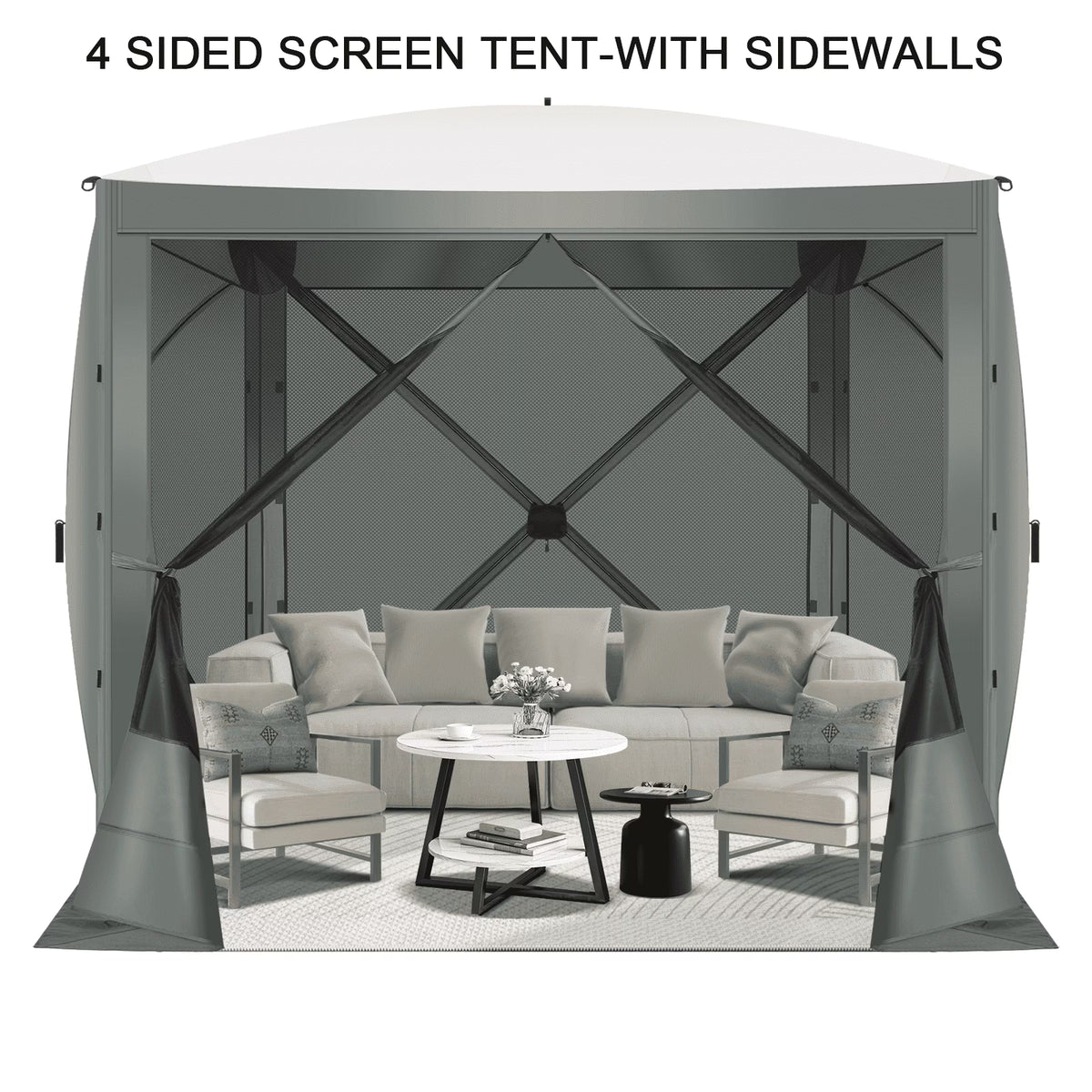 COBIZI 8x8 Pop up Gazebo Tent, Ez up Waterproof Screen Tent Screen House, Portable Outdoor Canopy Sun Shelter with 3 Sidewalls, Carry Bag & Ground Stakes for Camping, Garden and Picnics, Gray