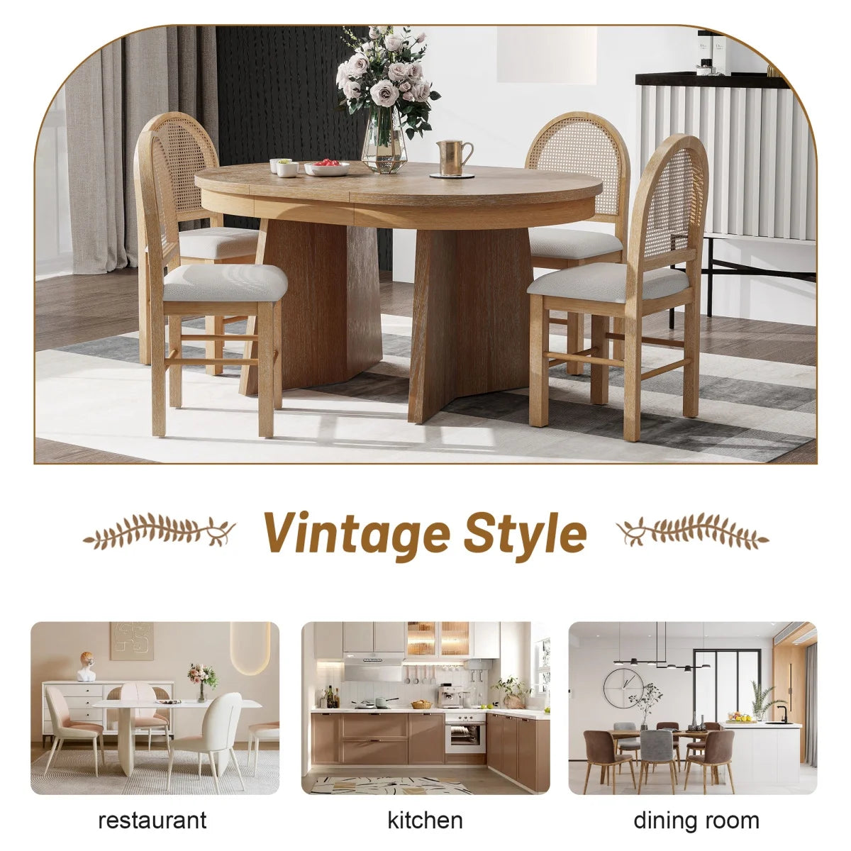 5-Piece Extendable Dining Table Set for 4 People, Solid Wood Kitchen Table Set with 4 Upholstered Chairs and Rattan Backrests for Dining Room and Kitchen, Natural