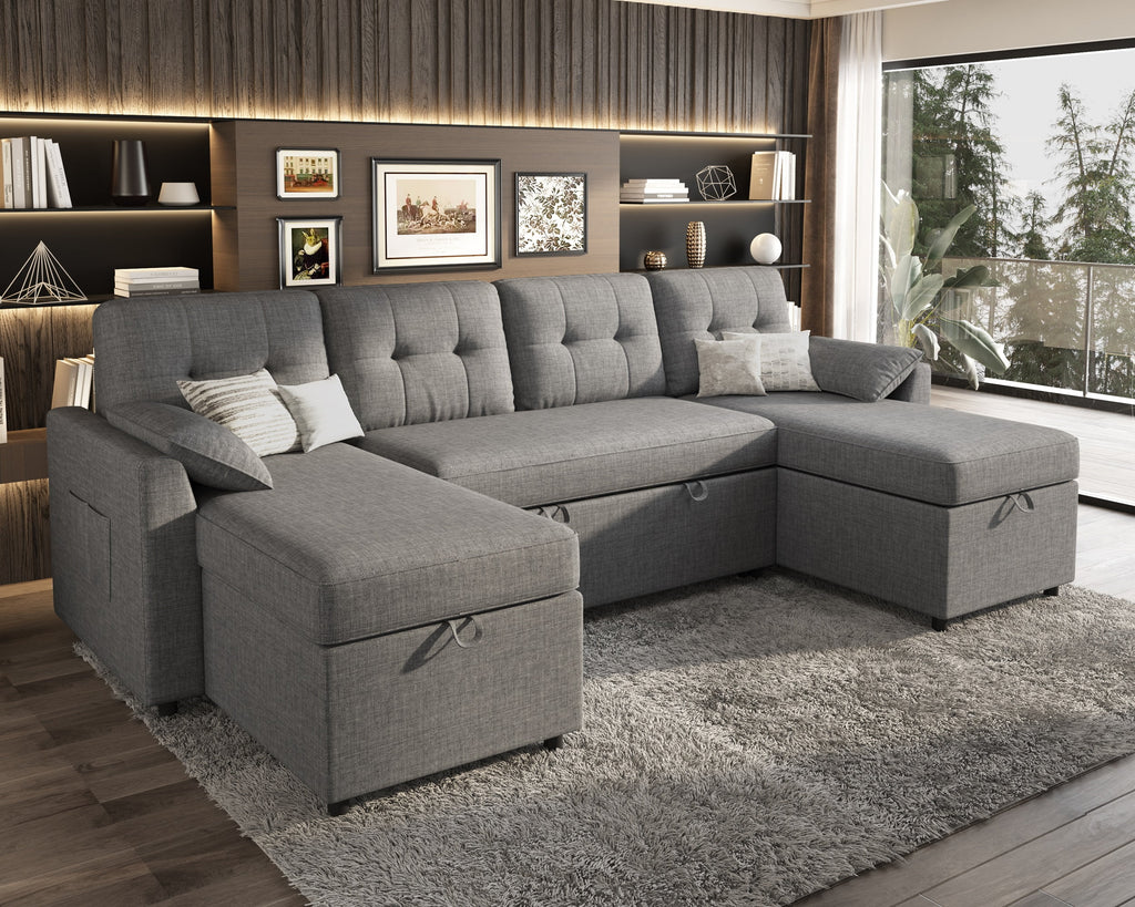 VANACC Sectional Sofa Bed with Storage and Soft Seat ,Reversible Pull Out Couch for Living Room,Beige