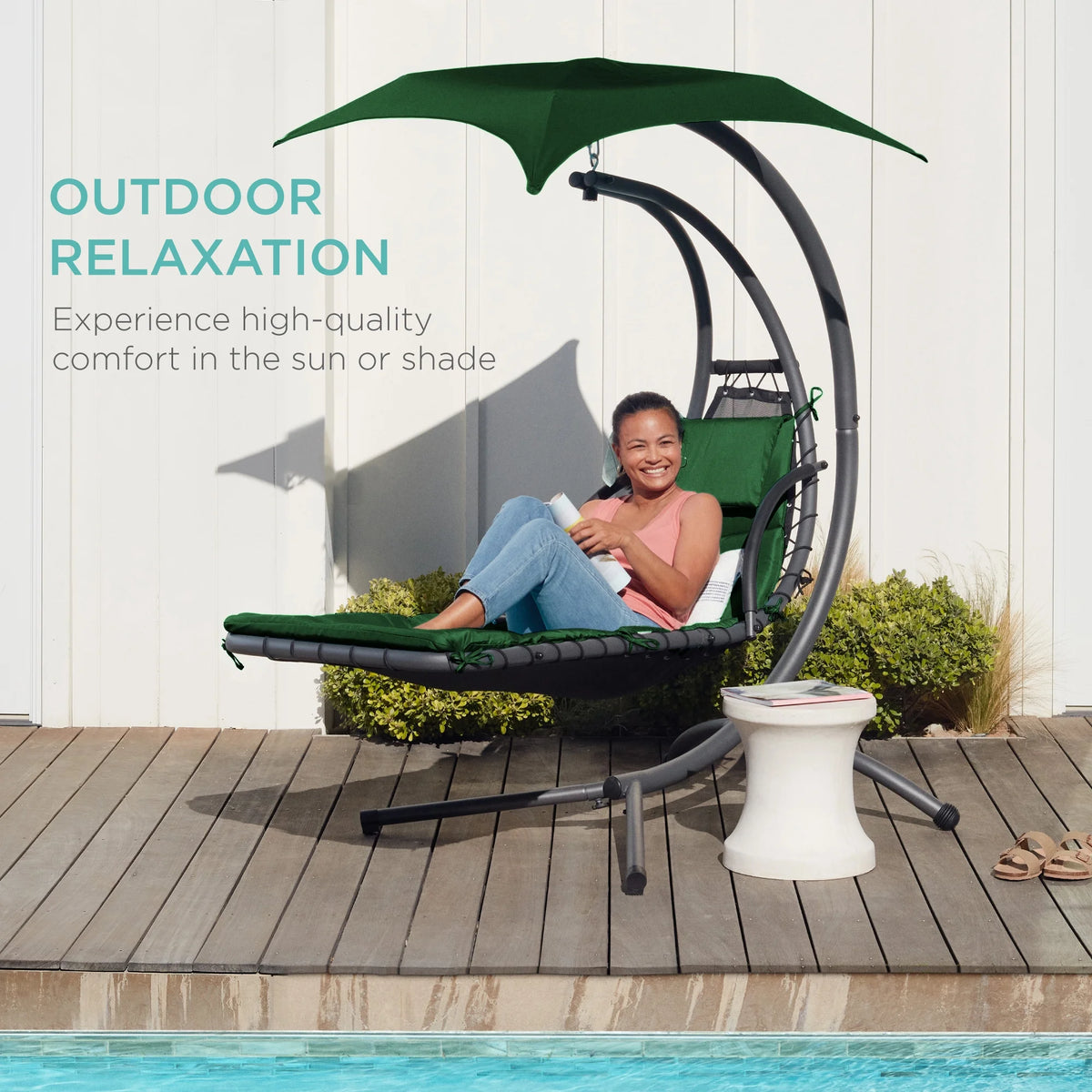 Best Choice Products Hanging Curved Chaise Lounge Chair Swing for Backyard, Patio w/ Pillow, Shade, Stand - Teal