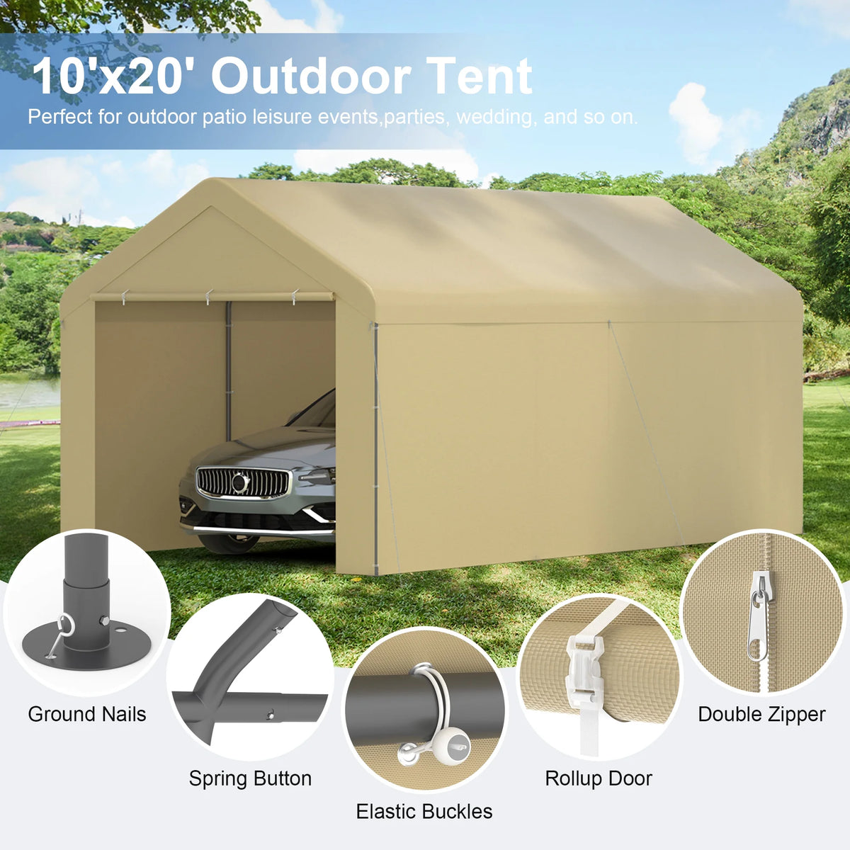 GOJOOASIS Carport, 10 x 20 Heavy Duty Carport Canopy with Removable Sidewall, Water-Resistant Portable PE Garage with All-Season Tarp Beige