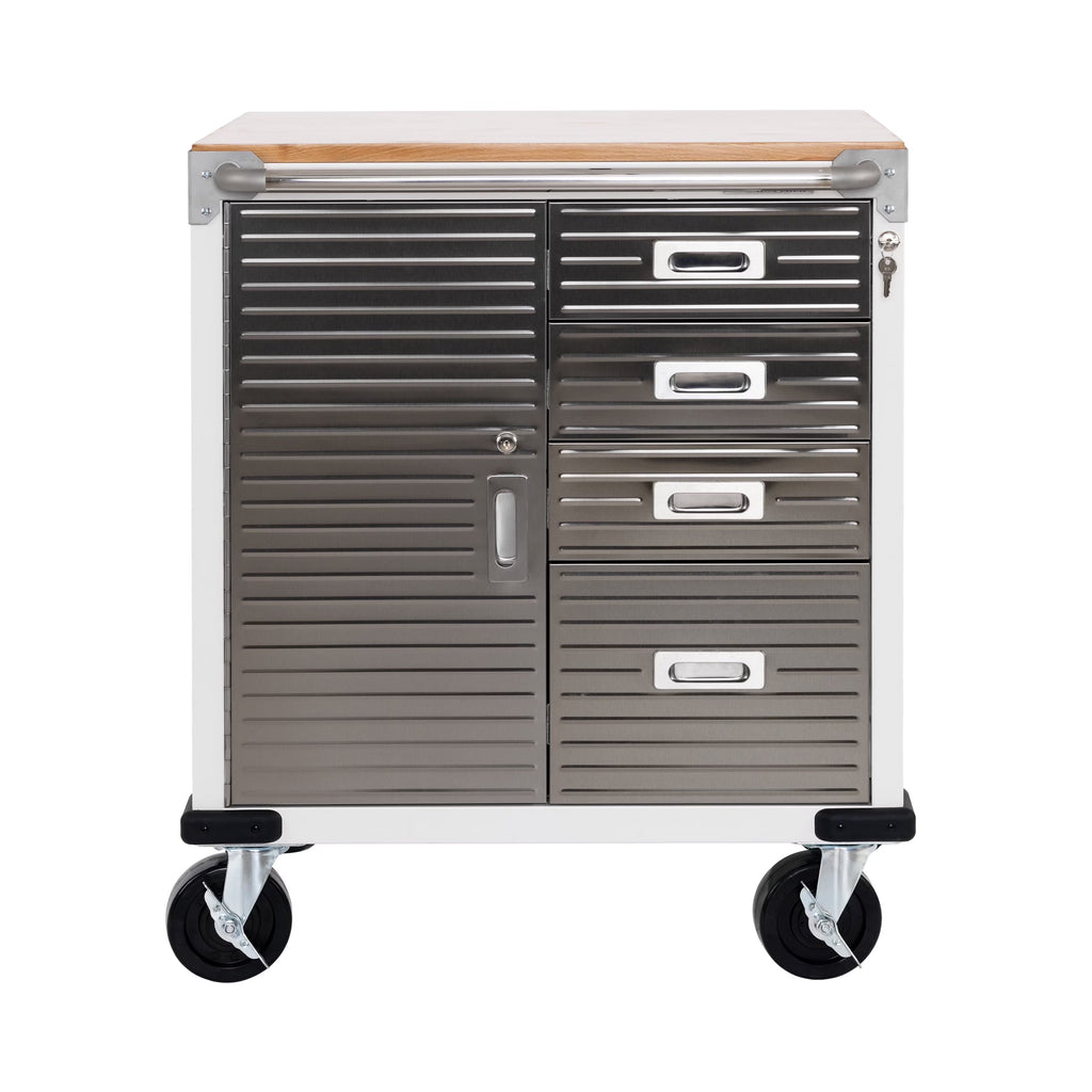 Seville Classics UltraHD® Heavy Duty Rolling Cabinet Workbench Table w/ Solid Wood Top, Workstation for Garage, Office, Workshop, Granite, 1-Door, 4-Drawer (28" W x 25" D)