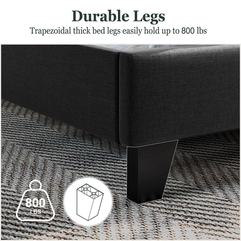 Amolife Queen Size Platform Bed with Wingback Headboard, Square Stitched Style, Dark Grey