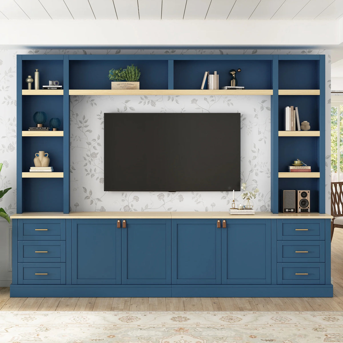 Euroco 102.3"W Farmhouse 4-Piece Entertainment Center Wall Unit with Adjustable Shelf, Modern Large TV Stand with Bookshelves