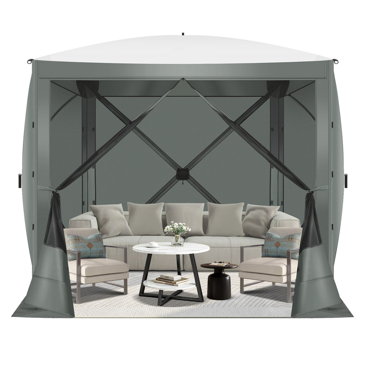 COBIZI 8x8 Pop up Gazebo Tent, Ez up Waterproof Screen Tent Screen House, Portable Outdoor Canopy Sun Shelter with 3 Sidewalls, Carry Bag & Ground Stakes for Camping, Garden and Picnics, Gray