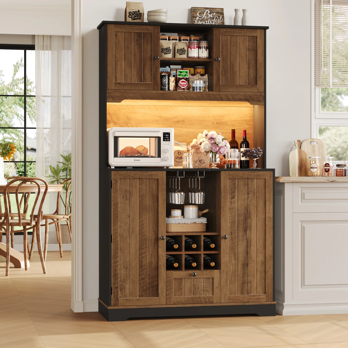 Homfa 71.3'' Kitchen Pantry Storage Cabinet with Charging Station, LED Light Kitchen Hutch Cabinet with Doors and Shelves and Wine Holder, White