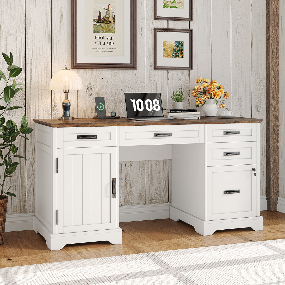 Whalefall 55 in Farmhouse Executive Desk with File Drawer for Adult Home Office, White
