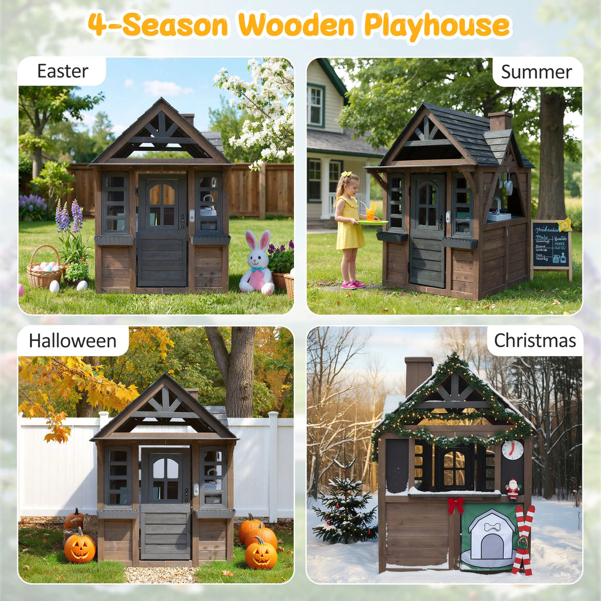 COCLUB Outdoor Playhouse for Kids Ages 4-8, Wooden Play House with Doorbell, Phone, Kitchen Toys, Outdoor Kids Play Equipment, Casa Para Niñas (45”L x 65”H), White & Black