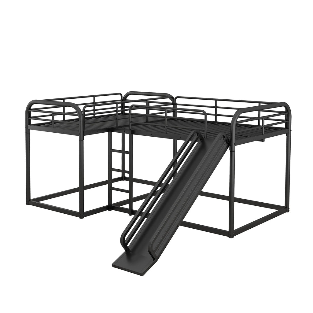 Full and Twin Size L-Shaped Quadruple Metal Bunk Bed with Slide for Kids, Black