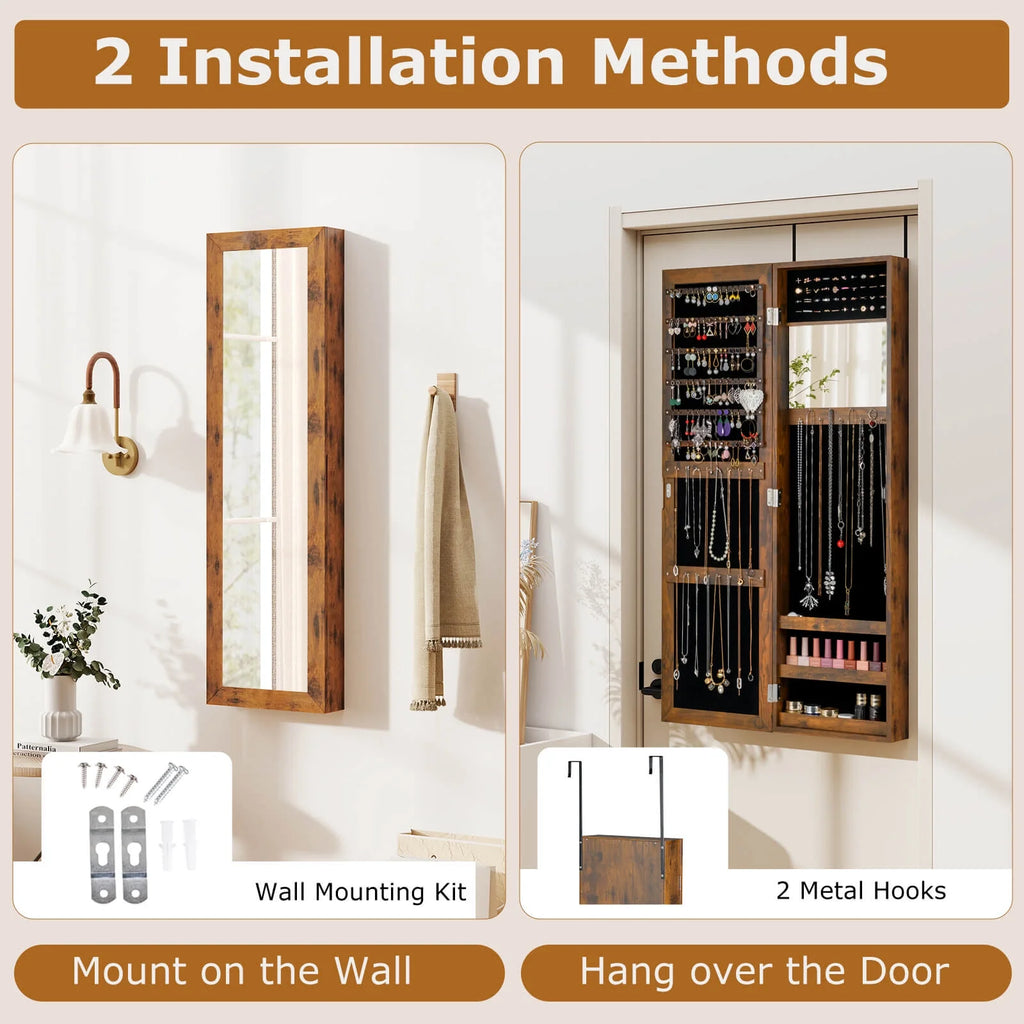Costway Wall Door Mounted Mirrored Jewelry Cabinet Storage Organizer-Black