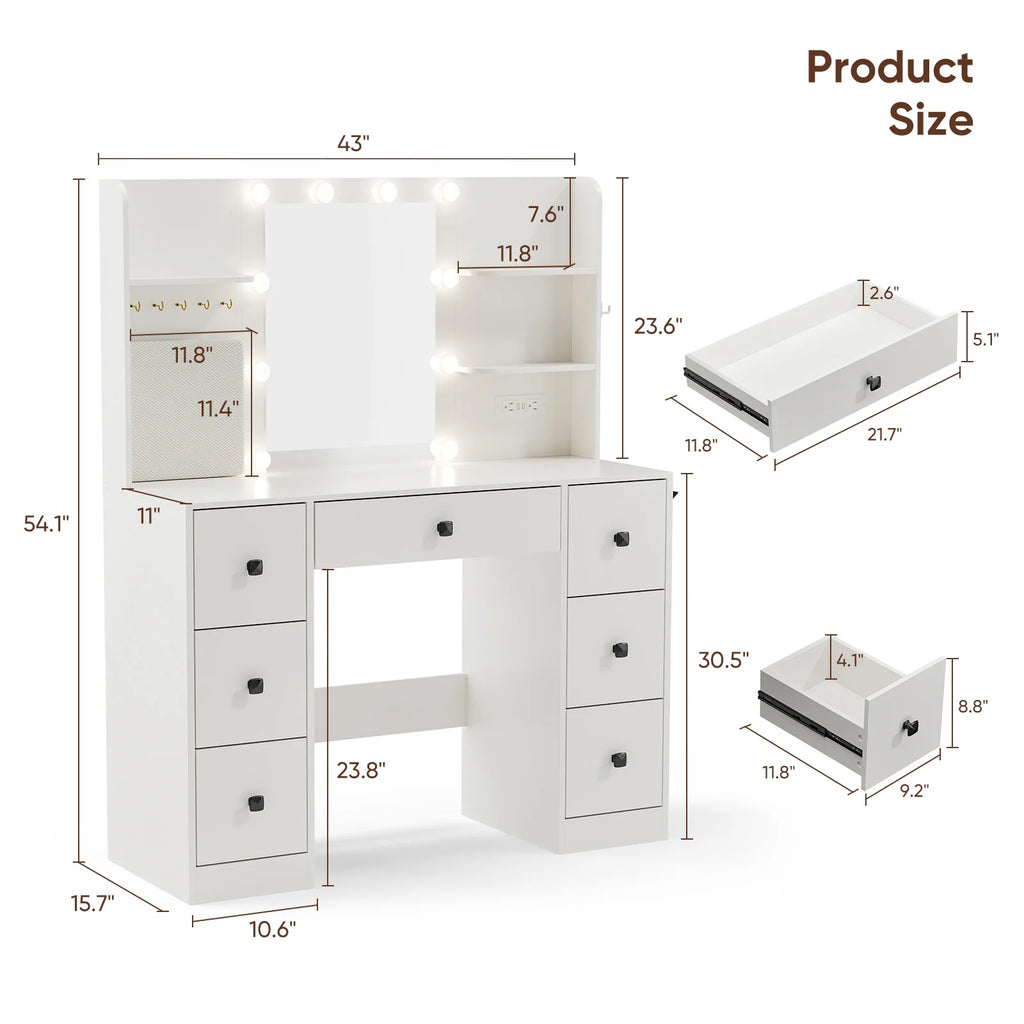 Cottinch Vanity Desk 3 Color Lighted Mirror,Makeup Dressing Table with 4 Drawers and Storage Shelves,2 Outlets,2 USB Ports,White