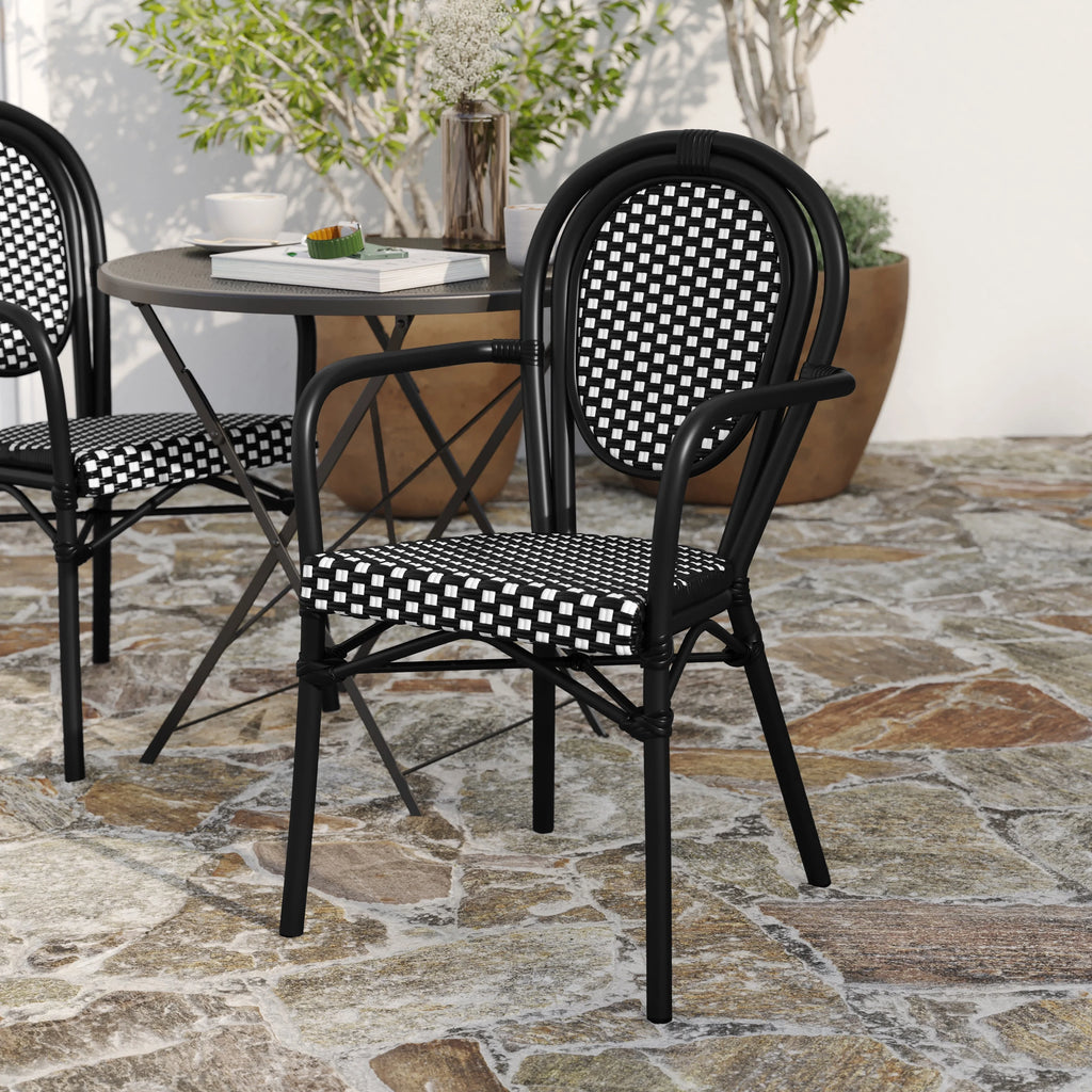 Merrick Lane Stacking Thonet French Bistro Style Chair with Arms, Black & White PE Rattan Seat, and Bamboo Finished Metal Frame for Indoor/Outdoor Use