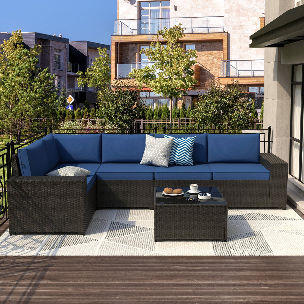 8 Piece Patio Furniture Set with 42" Propane Gas Fire Pit Table with Coffee Table,Blue