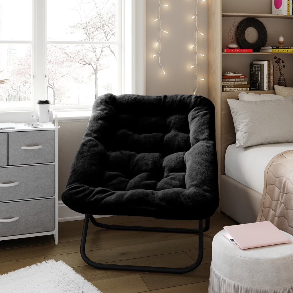 Emma + Oliver Oversized Faux Fur Folding Saucer Chair for Dorm, Bedroom, Black Faux Fur/Black Frame