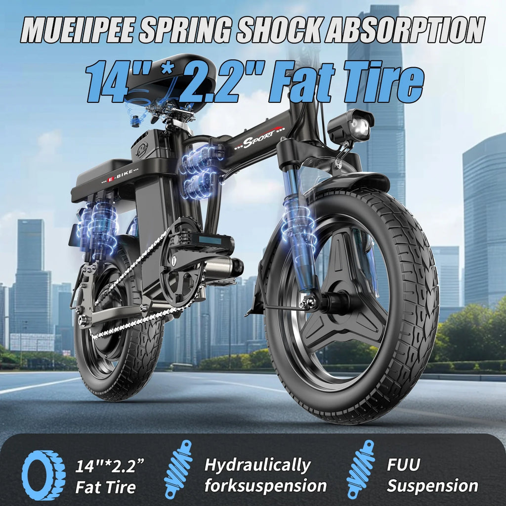 ASKGO 1200W Peak Motor ,Folding Electric Bike for Adults Teens ,14'' Commuting Bike, Max 28MPH/35 Miles E-Bike ,3 Speed  Double Mini Electric Bike, UL2849