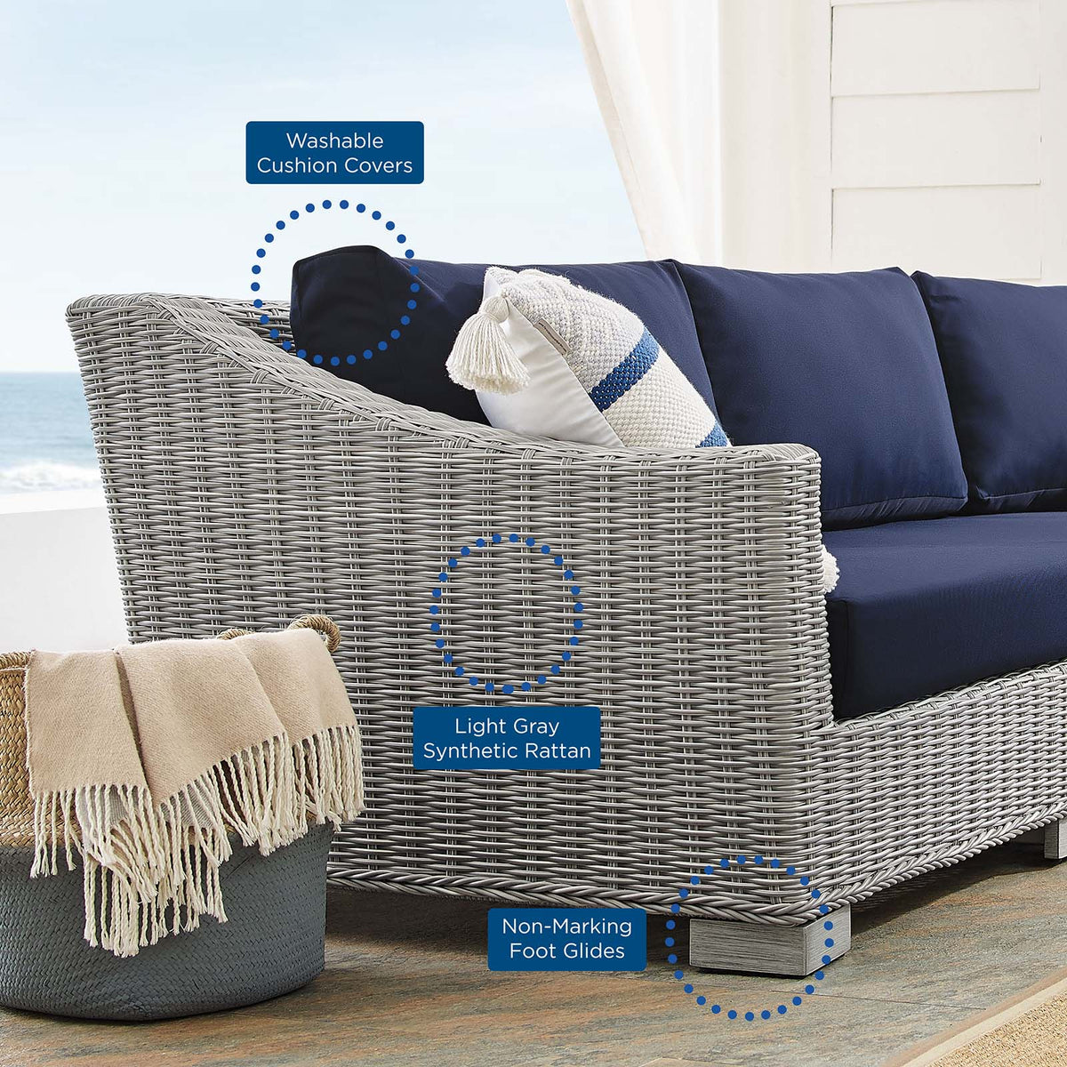 Lounge Sectional Sofa Chair Table Set, Rattan, Wicker, Light Grey Gray Blue Navy, Modern Contemporary Urban Design, Outdoor Patio Balcony Cafe Bistro Garden Furniture Hotel Hospitality