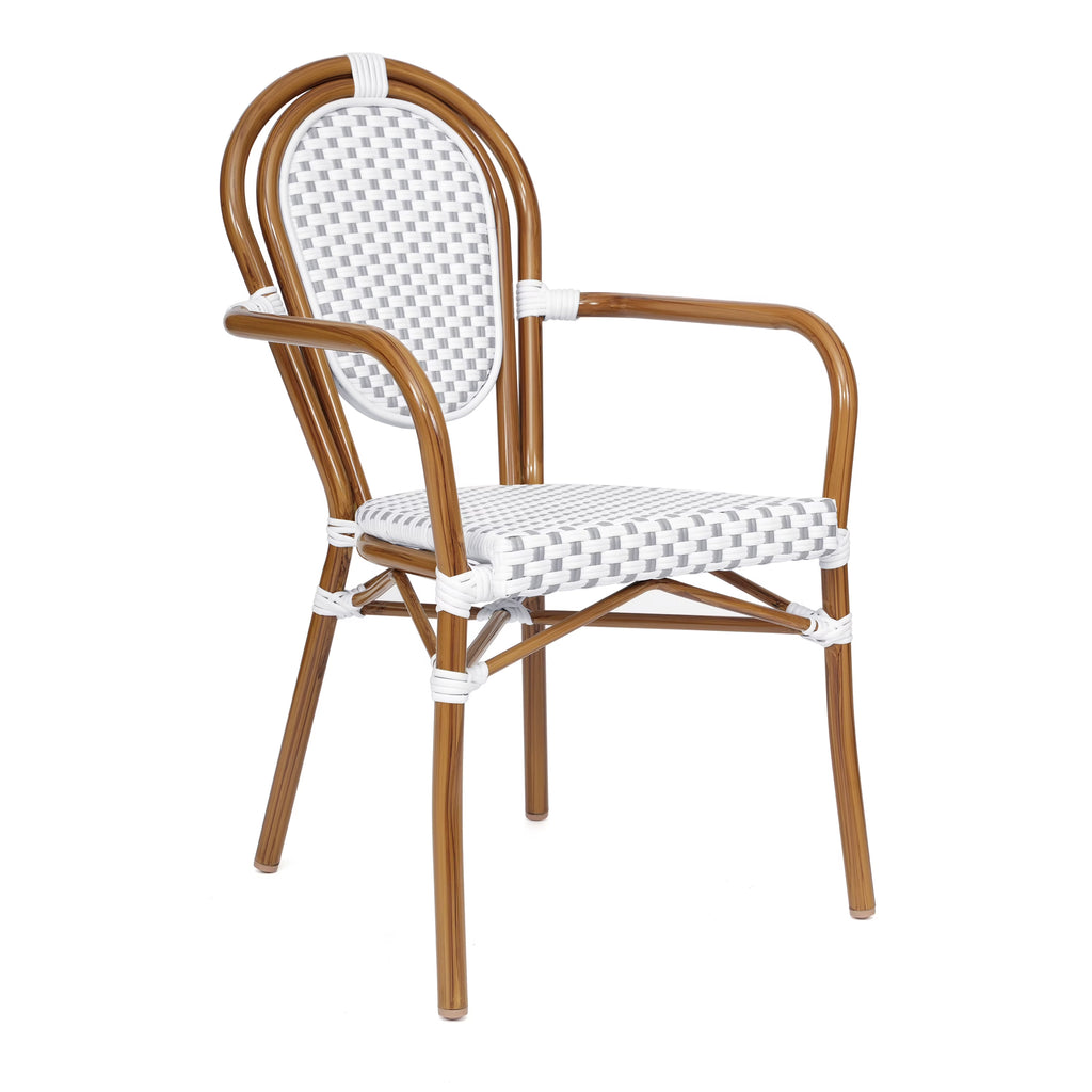 Merrick Lane Stacking Thonet French Bistro Style Chair with Arms, Black & White PE Rattan Seat, and Bamboo Finished Metal Frame for Indoor/Outdoor Use
