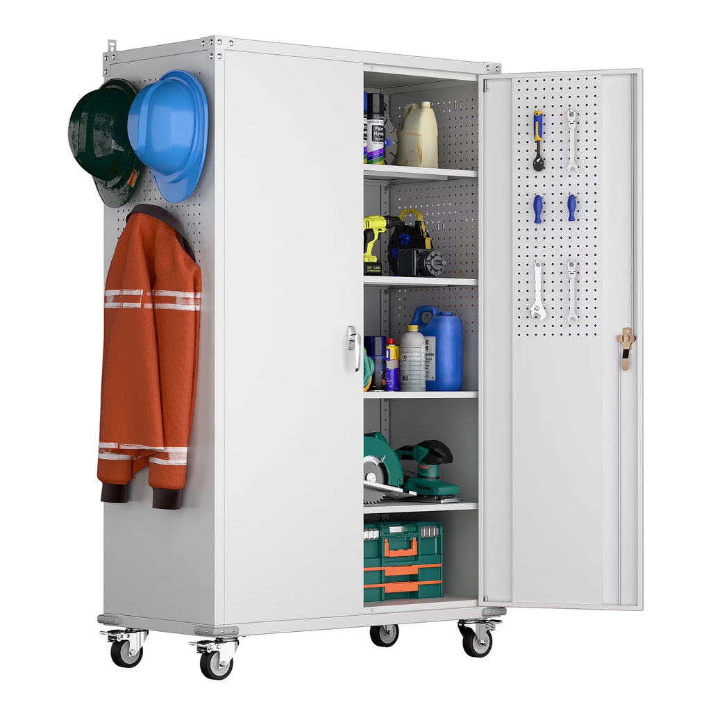 SUPEER 71" Metal Storage Cabinets with Wheels and Pegboards, Industrial Cabinet with 2 Drawers and 2 Adjustable Shelves,, Assembly Required