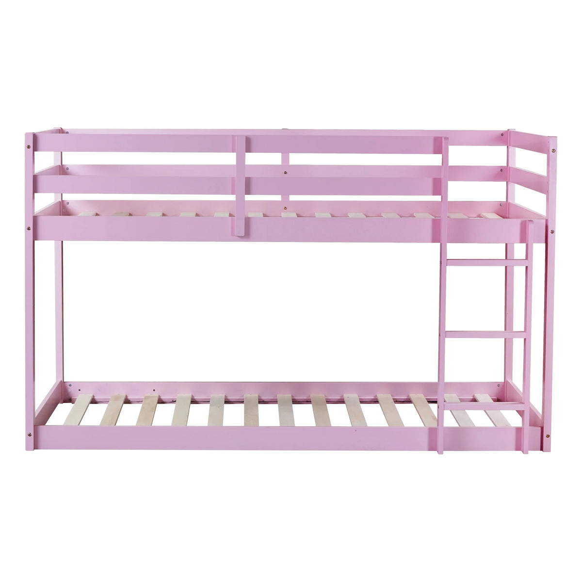Twin Over Twin Floor Bunk Bed, UHOMEPRO Solid Wood Low Bunk Bed with Safety Rail, Ladder, Heavy Duty Bunk Beds, Space-Saving Bedroom Dorm Furniture, Gray