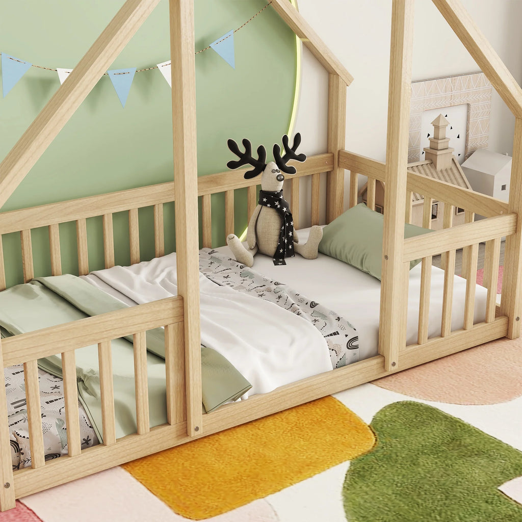 Bellemave Twin Size Floor Bed Frame, Wooden House Bed Twin Size with Fence, Montessori Bed with Guardrails for Bedroom (White)