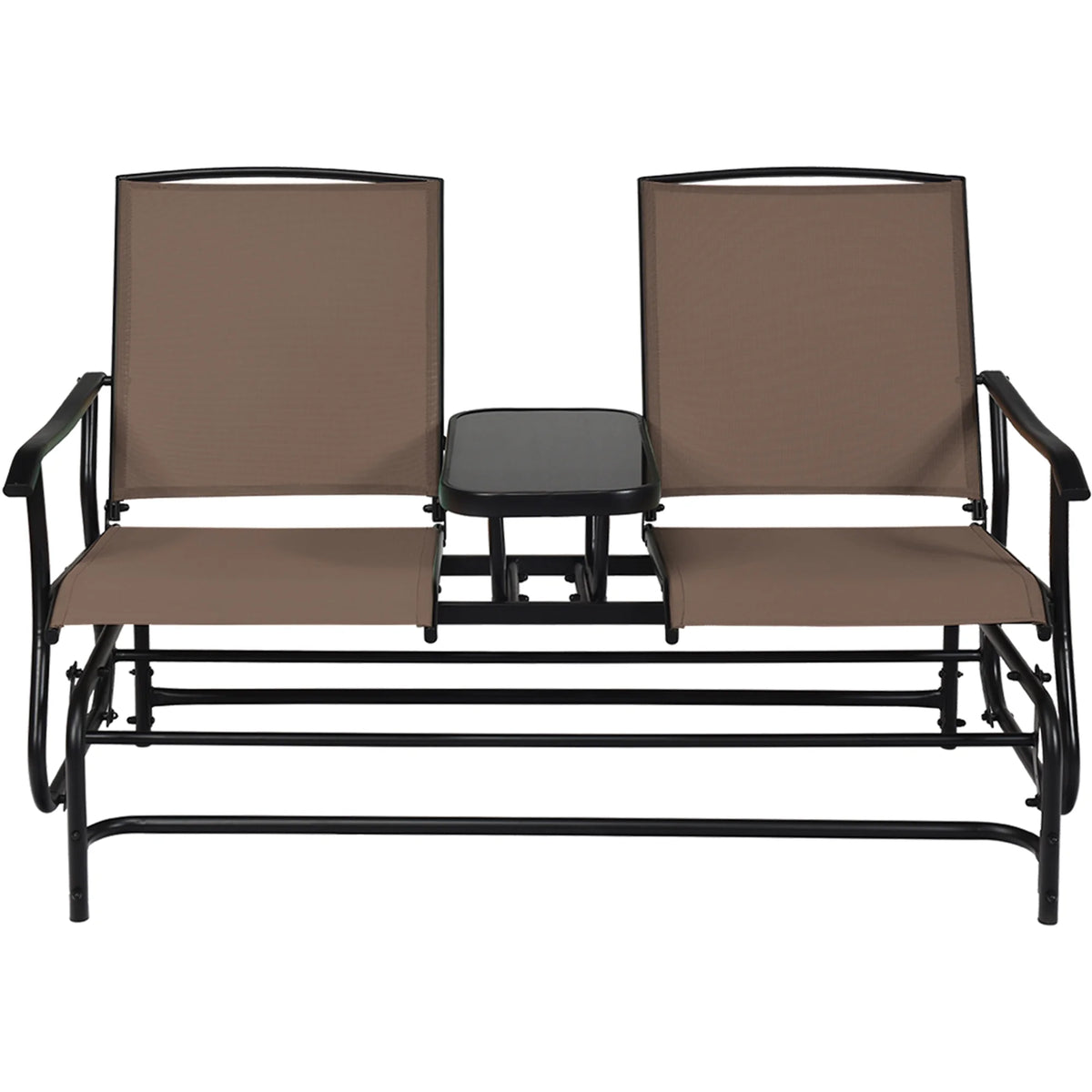 Gymax Patio 2-Person Glider Rocking Char Loveseat Garden w/ Tempered Glass Table Brown