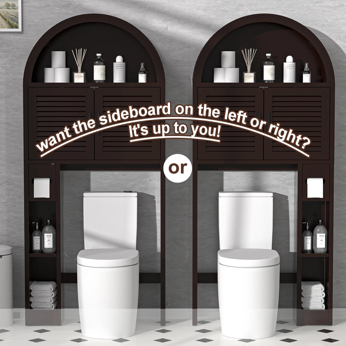 HARIPUL Over The Toilet Storage Cabinet w/ Unique Wood Grain & Arc Design, Freestanding Bathroom Shelf Organizer Space Saver w/ Doors & Anti-Tip Device, Wood Color