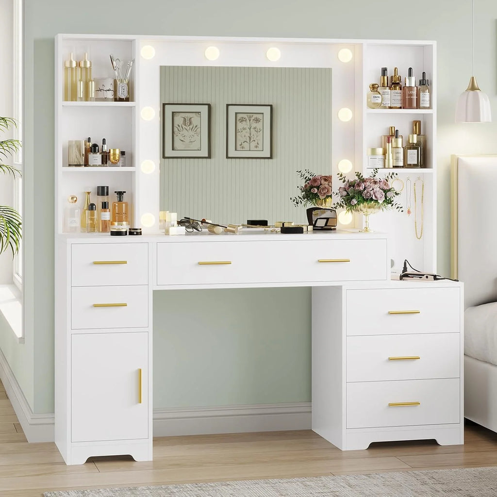 Aunfebrco White Vanity Desk Makeup Vanity Table with Mirror and Lights and Charging Station, Large Dressing Table with Storage Cabinet&6 Drawers&4 Storage Shelves for Bedroom
