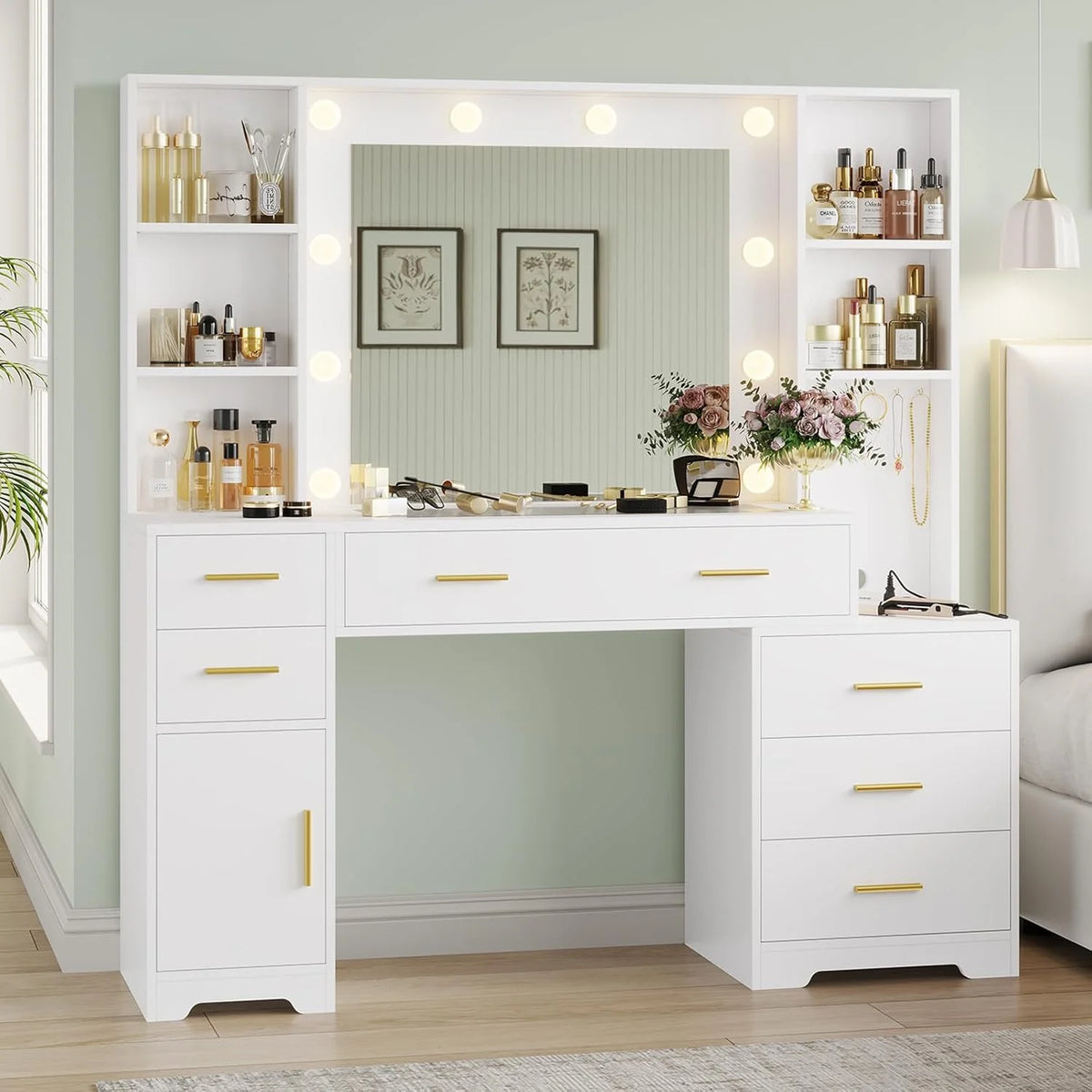 Aunfebrco White Vanity Desk Makeup Vanity Table with Mirror and Lights and Charging Station, Large Dressing Table with Storage Cabinet&6 Drawers&4 Storage Shelves for Bedroom