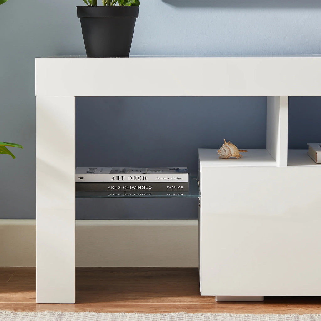 UHOMEPRO TV Stand for TV up to 70", Living Room Entertainment Center with RGB LED Lights and Storage Shelves Furniture, White High Gloss TV Cabinet Console Table