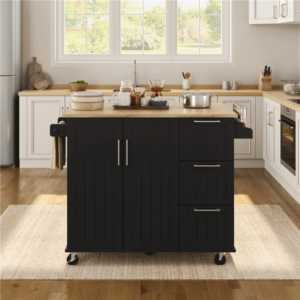 Renwick Rolling Kitchen Cart with Cabinets and Drawers, White