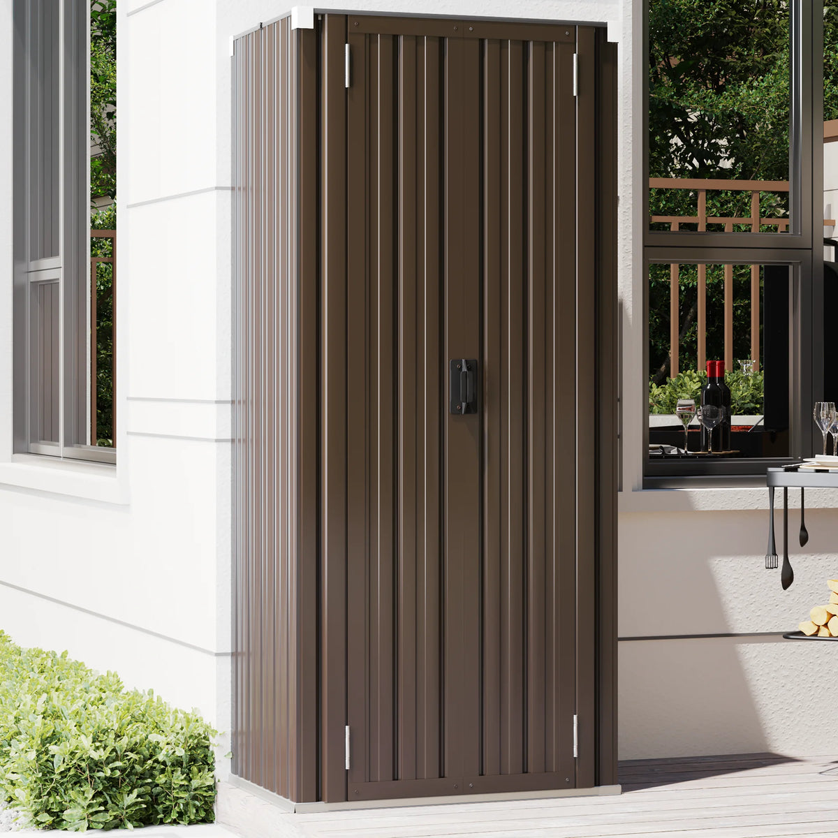 AECOJOY Outdoor Storage Cabinet Waterproof with Adjustable Shelves, Lockable Metal Outdoor Garden Storage Sheds Organizer in Brown, Versatile for Garage, Backyard, or Indoor Use