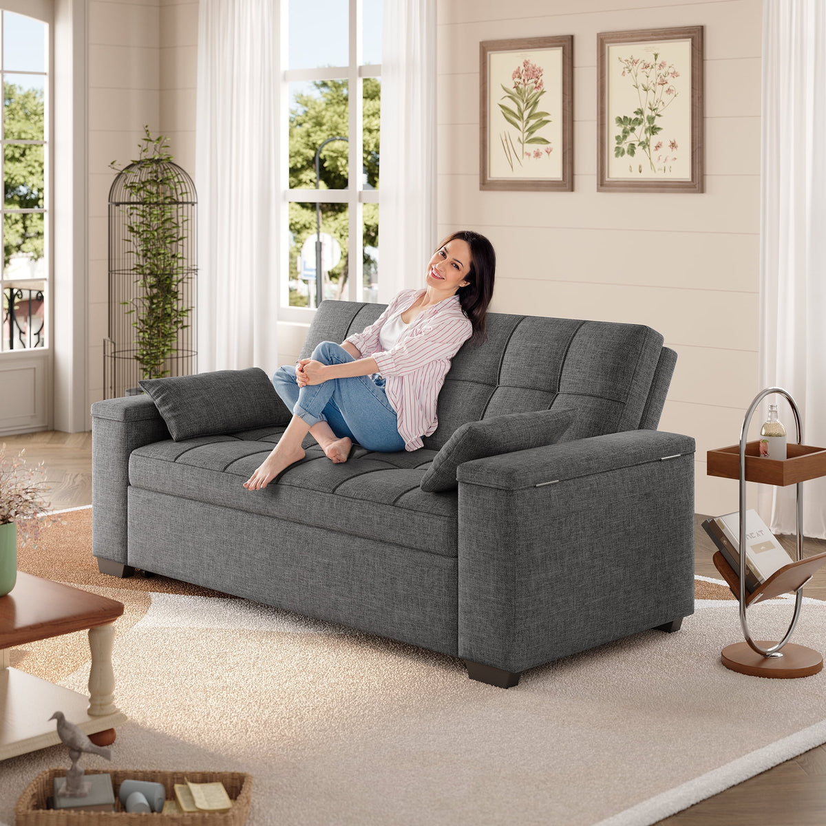 Sofa Bed, Lofka 3-in-1 Convertible Sleeper Sofa with Storage, Adjustable Backrest & Pull Out Function - Sleeper Chair for Small Space, Apartment, Dark Grey
