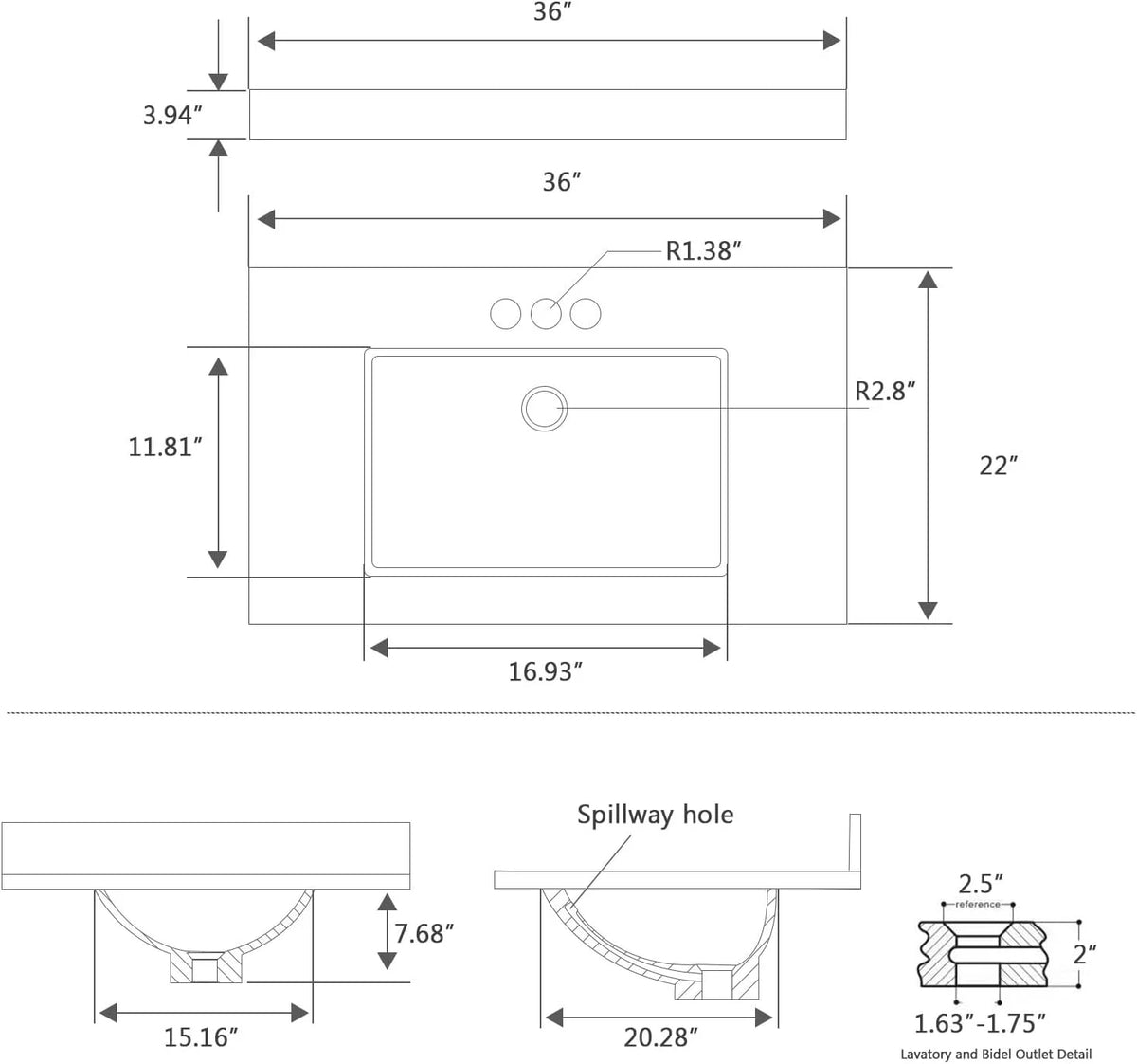 36x22 Engineered Stone Vanity Sink Top, White Bathroom Countertop with Undermount Left Sink, Vanity Top with 8 inch 3 Faucet Hole Spacing and Backsplash