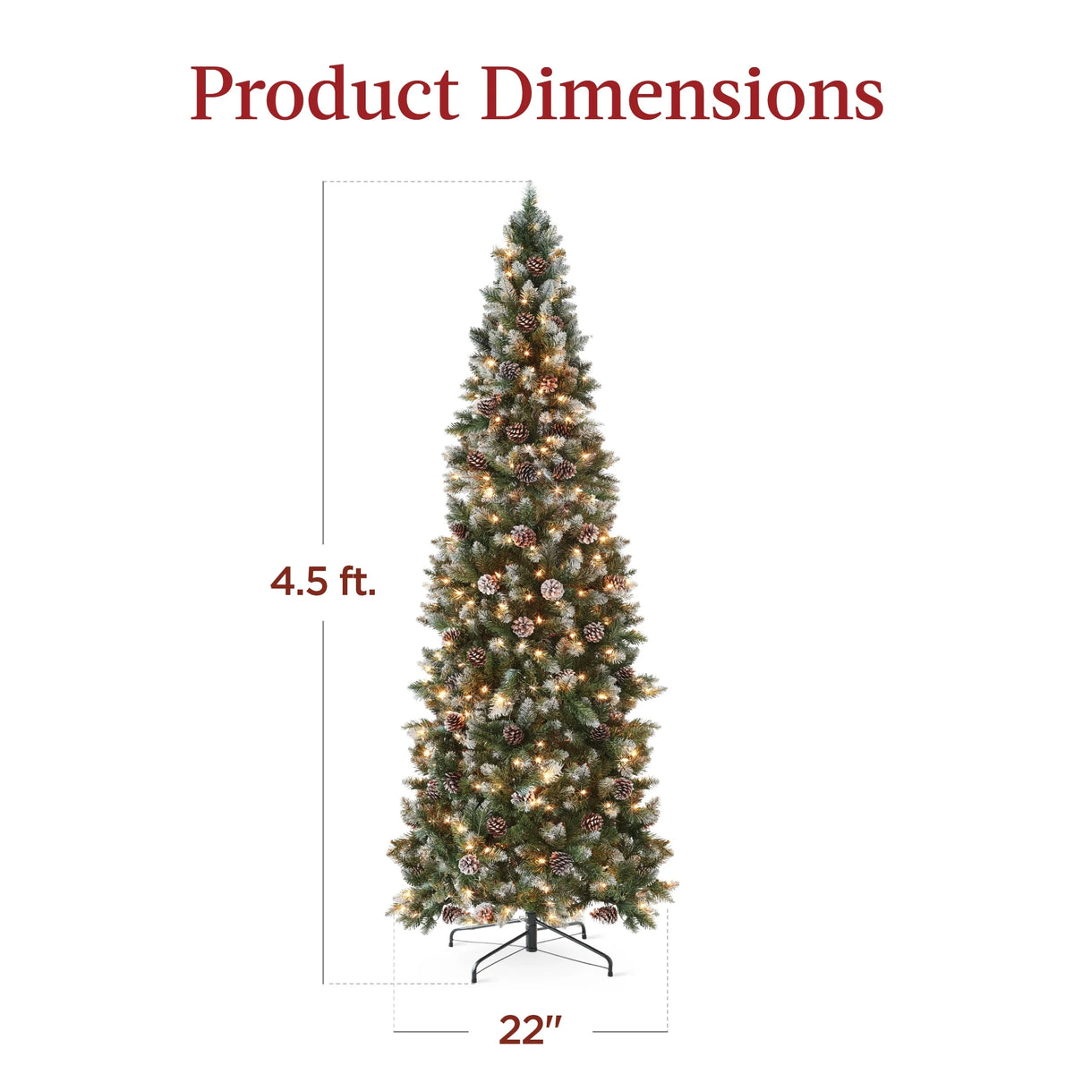 Best Choice Products 6ft Pre-Lit Partially Flocked Pencil Christmas Tree w/ 250 Lights, Pine Cones, Foldable Stand