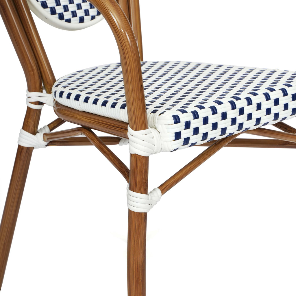 Merrick Lane Stacking Thonet French Bistro Style Chair with Arms, Black & White PE Rattan Seat, and Bamboo Finished Metal Frame for Indoor/Outdoor Use