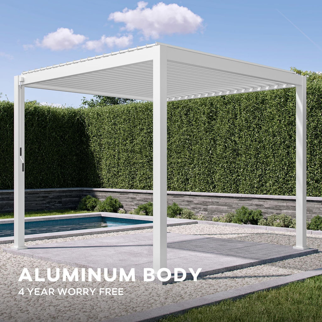 Mirador 10'x 10' 111S Outdoor Aluminum Pergola w/ Adjustable Rainproof Louver for Garden, Patio, Backyard, Takasho/Wood Grain