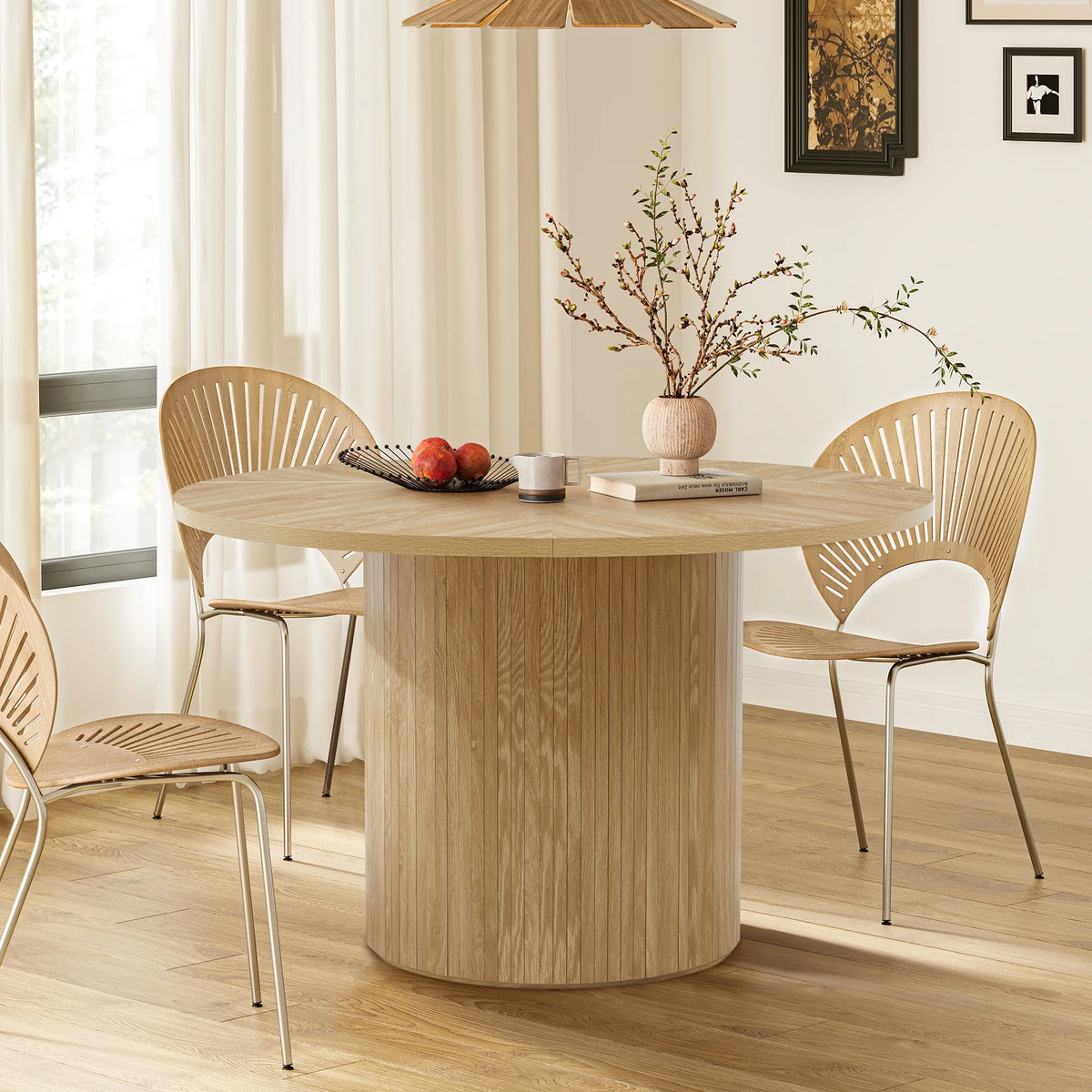 Wirrytor Round Dining Table, Modern Farmhouse Kitchen Table, 47 Inch Coffee Circle Dining Tables with Wood Strip Base for Kitchen Living Room, Black