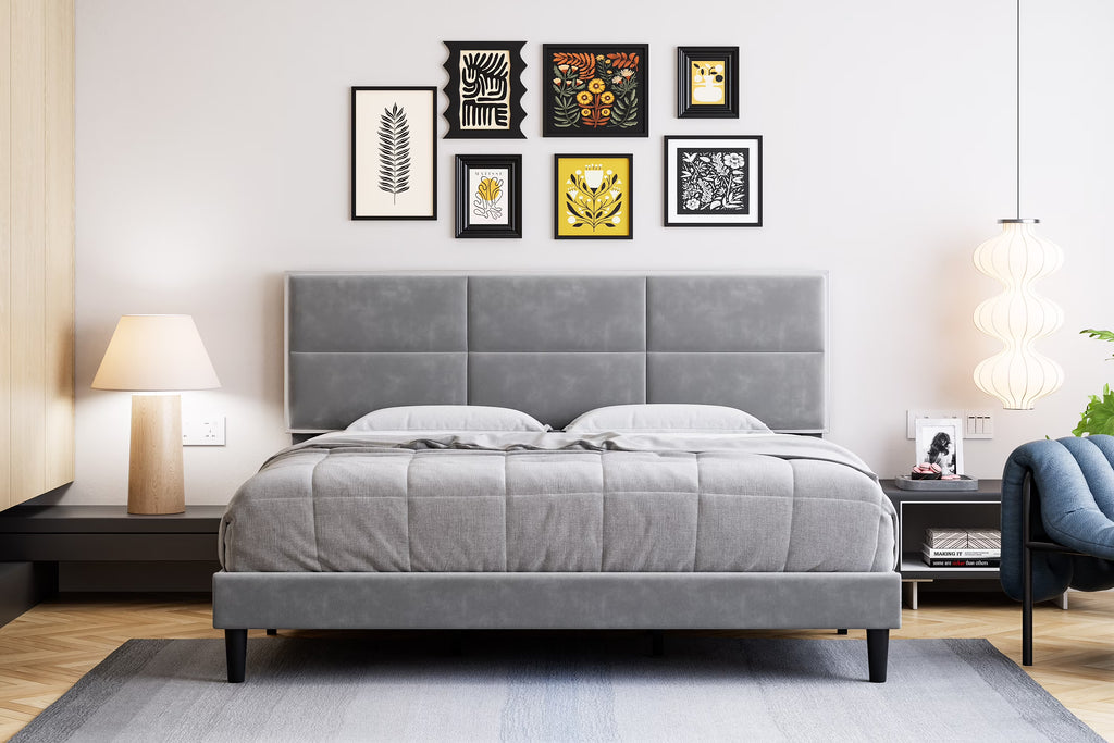 Homhougo King Size Bed Frame Upholstered Platform, Bed Frame with Square Velvet Headboard, Wooden Slats Support, Non-Slip and Noise-Free, No Box Spring Needed, Easy Assembly(Light Gray)