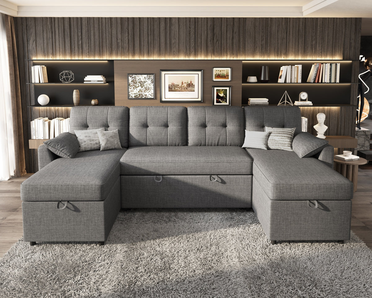 VANACC Sectional Sofa Bed with Storage and Soft Seat ,Reversible Pull Out Couch for Living Room,Beige