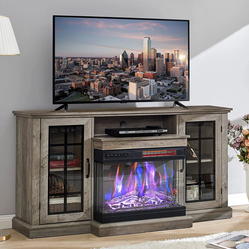Merluxy 75in 3-Sided Glass Fireplace TV Stand for TVs up to 85", Distressed White