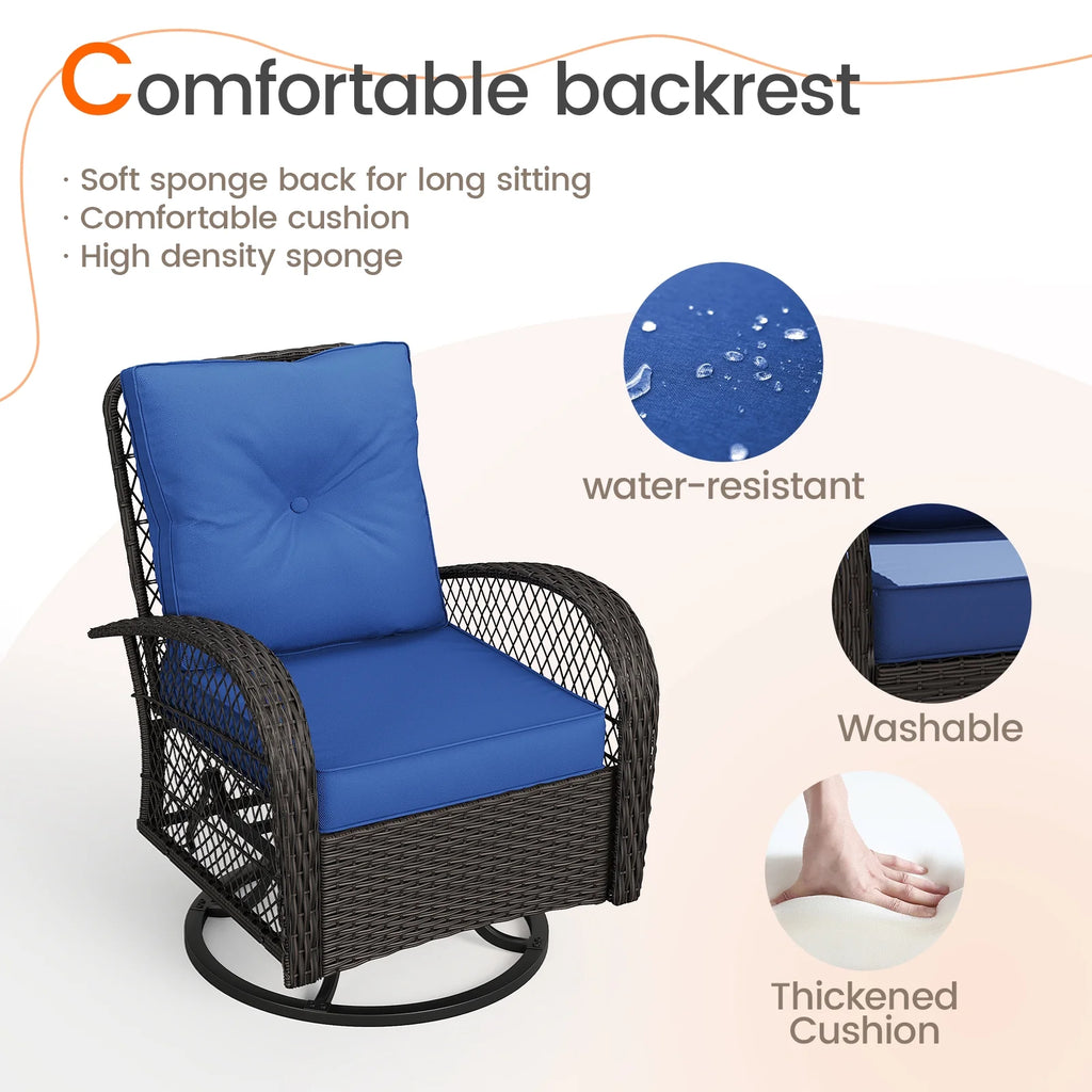 MRUAKA 3 Pieces Patio Furniture Set, Outdoor Swivel Gliders Rocker, Wicker Patio Bistro Set with Rattan Rocking Chair, Glass Top Side Table and Thickened Cushions (Khaki)