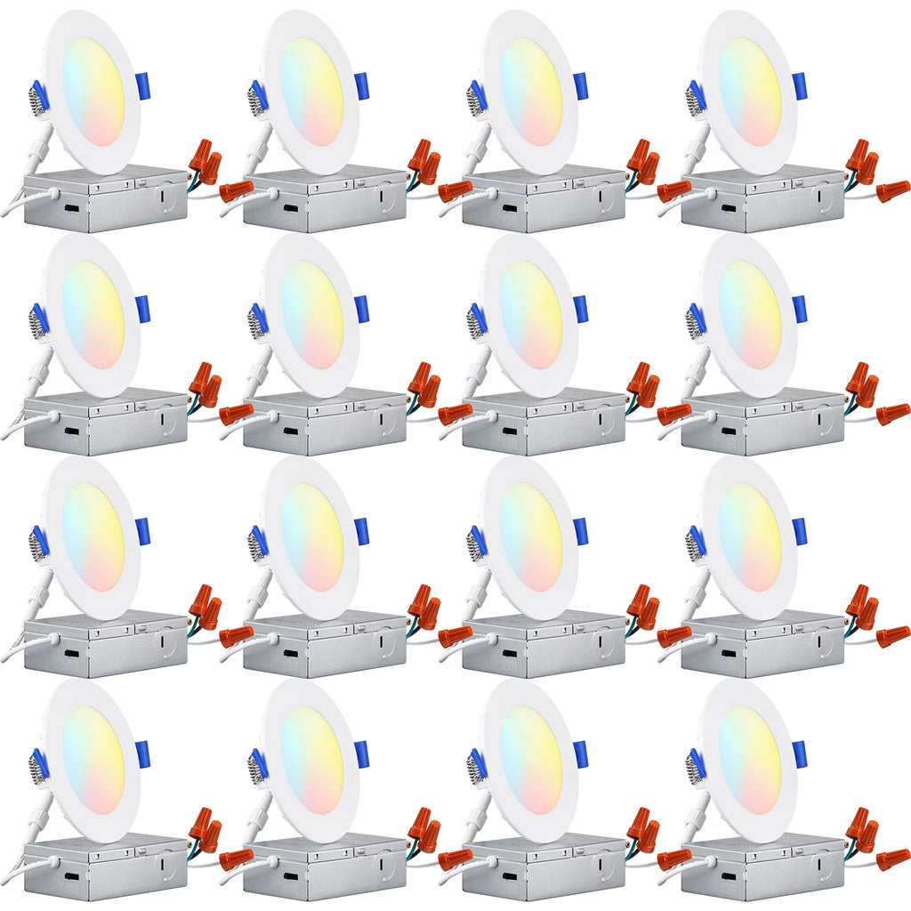 16 Pack 4" 5CCT Dimmable LED Recessed Light with J-Box, 2700K/3000K/3500K/4000K/5000K Selectable, 10W LED Downlight, Aluminum
