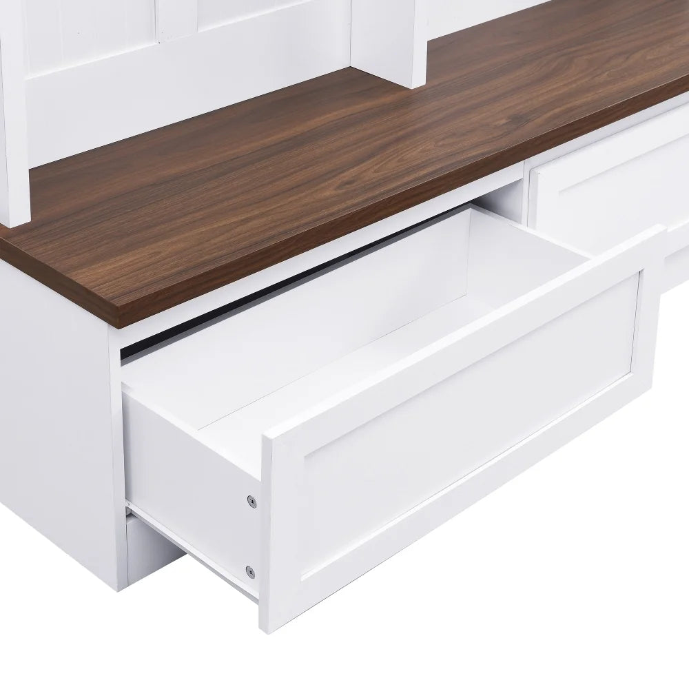 Farmhouse  4-in-1 Hall Tree with Wood Grain Bench, Mudroom Versatile Coat Rack with 2 Large Drawers, Large Entrance Organizer with 6 Black Hooks for Hallway, Living Room, White, 55.9"Wx75.6"H