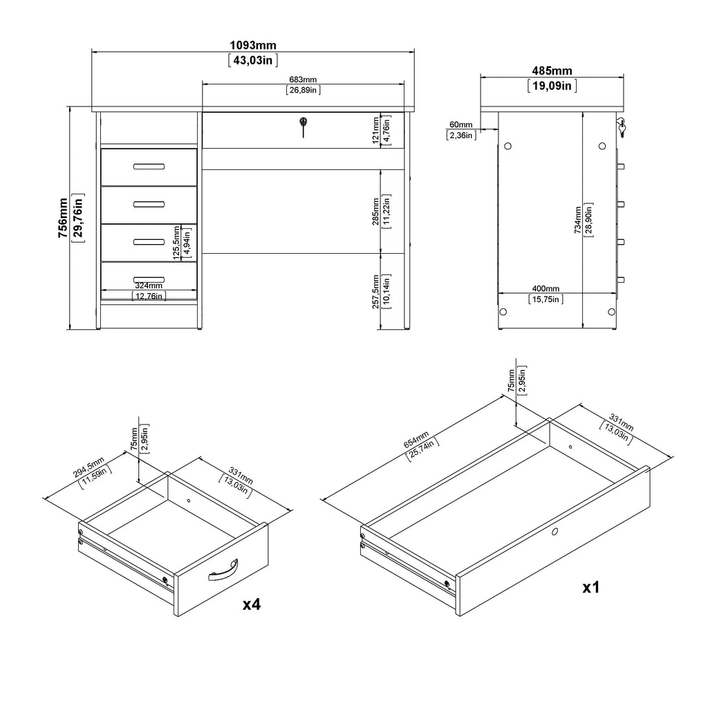 Tvilum Walden 5 Drawer Office Desk with 1 Locking Drawer for Adults, White
