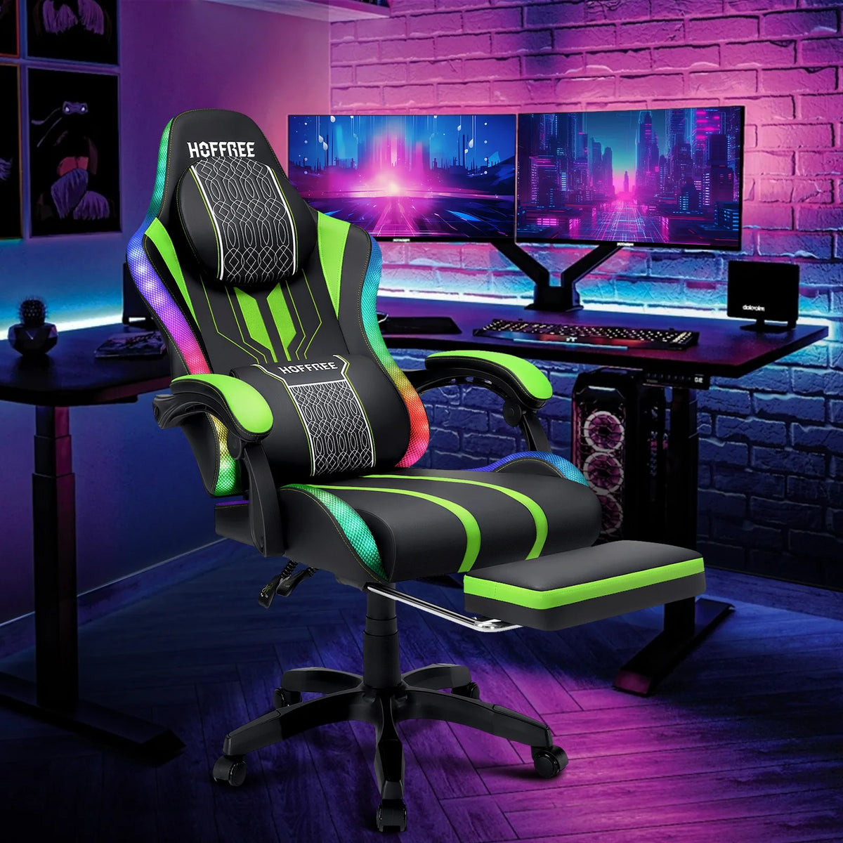 HOFFREE Big and Tall Gaming Chair with Speakers and RGB Lights, Gamer Chair with Footrest, Lumbar Support Height Adjustable 360-Swivel Seat and Headrest for Adults, 400lbs