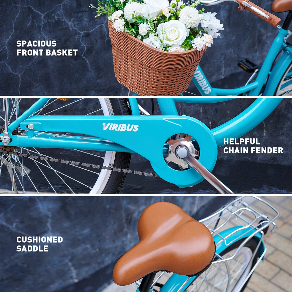 Viribus Women's Comfort Bike 24 Inch Hybrid Bike with Carbon Steel Frame V Brakes Teal