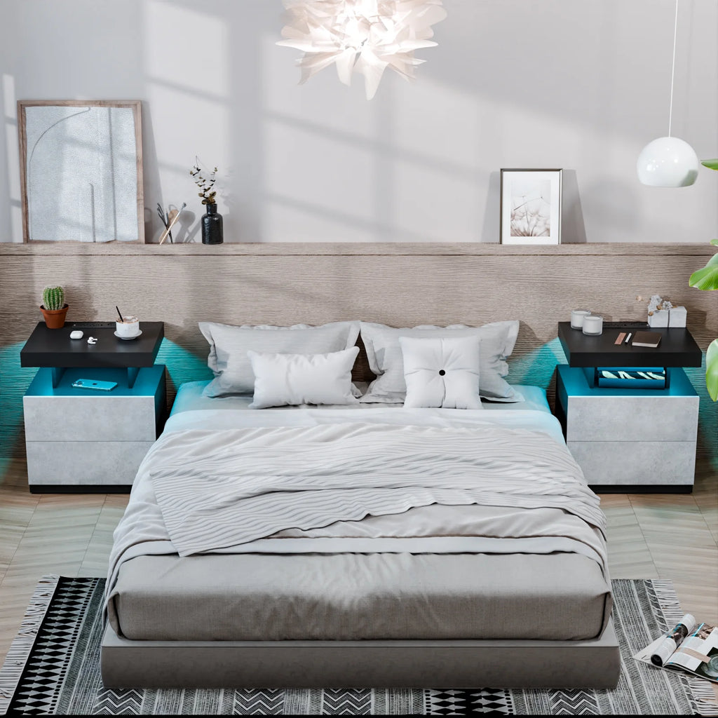 Hommpa LED Nightstand with Wireless Charging Station Modern Nightstand Type C USB Port 2 Drawers Bedside Table Black Smart Night Table High Gloss End Side Table for Bedroom Furniture 22.3" Tall