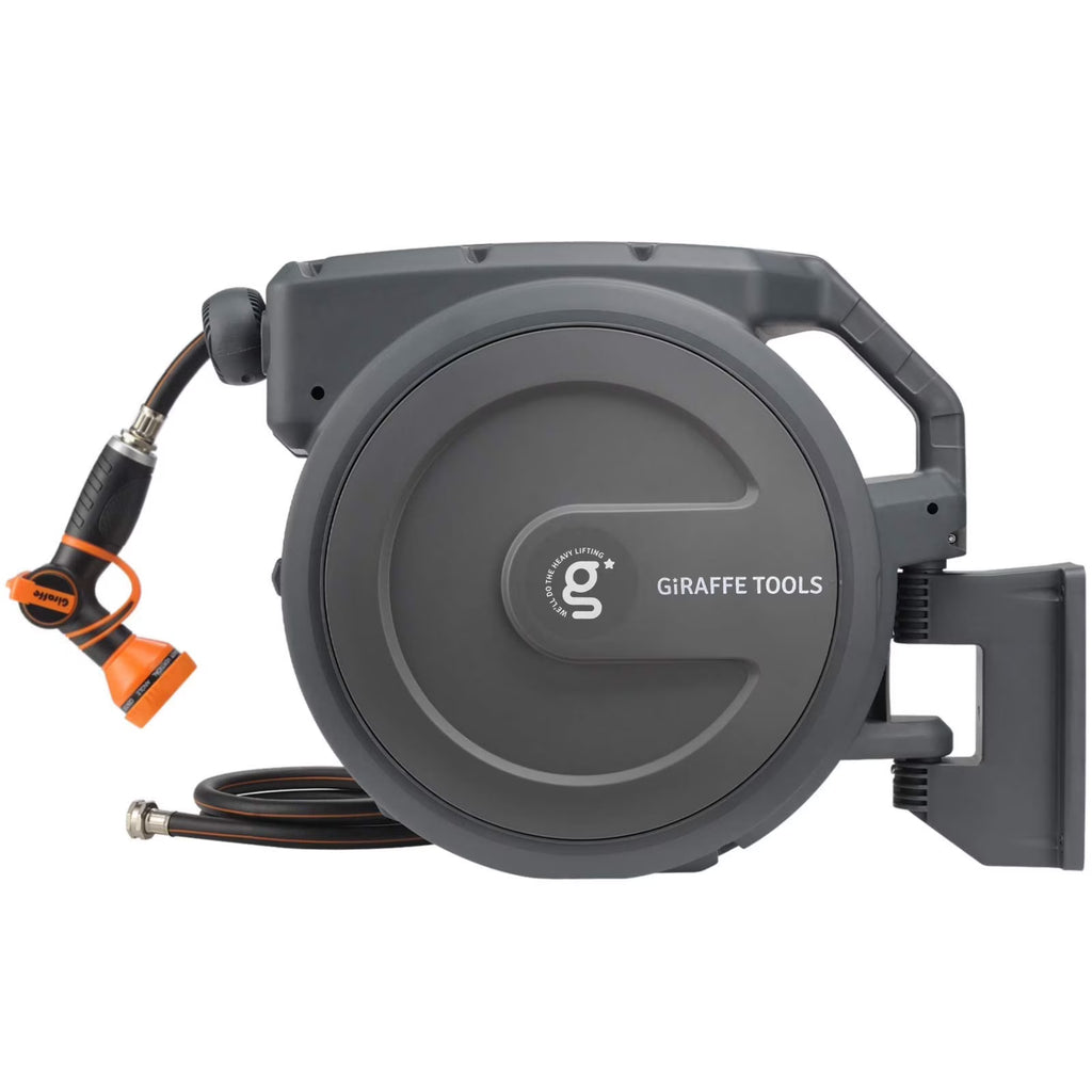 Giraffe Tools Retractable Garden Hose Reel with 1/2in-100ft Water Hose, Plastic Bracket, Wall Mounted, Dark Grey