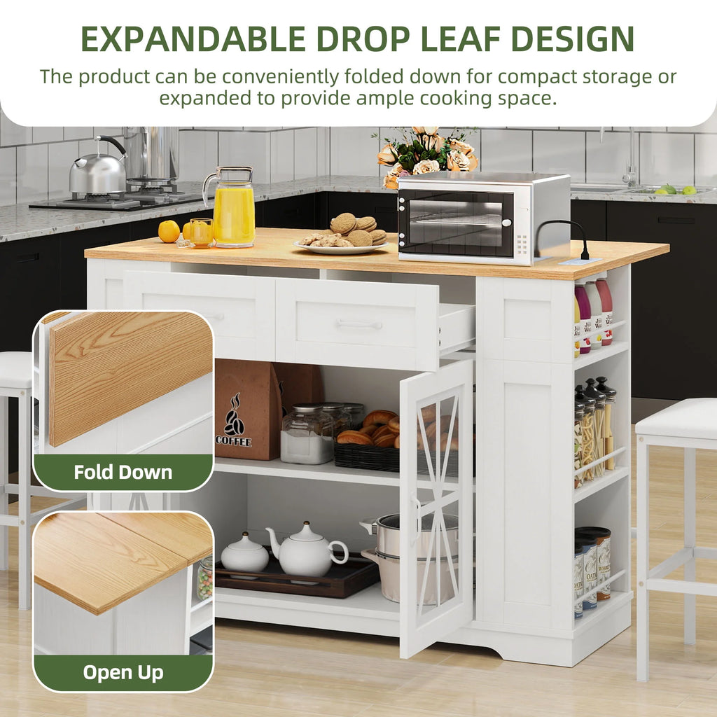 Uforic Kitchen Island Table with Seating & Drop Leaf, Kitchen Island with Storage & Wheels, Off-White