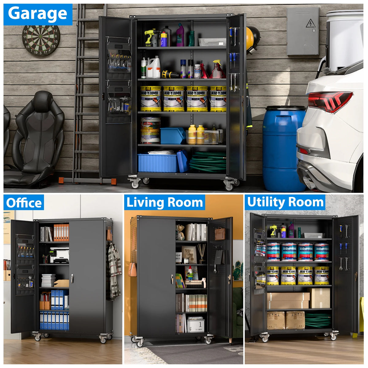 SUPEER 71" Metal Storage Cabinets with Wheels and Pegboards, Industrial Cabinet with 2 Drawers and 2 Adjustable Shelves,, Assembly Required